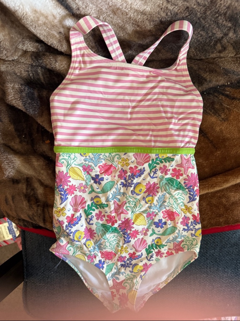Girls Pink Striped & Floral One-Piece Swimsuit